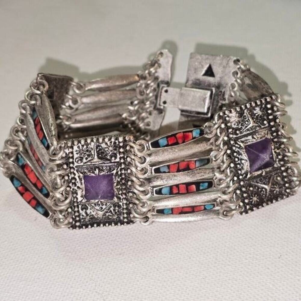 Lucky You Boho Silver Tone Cuff Bracelet Gemstone Inlay Statement Women